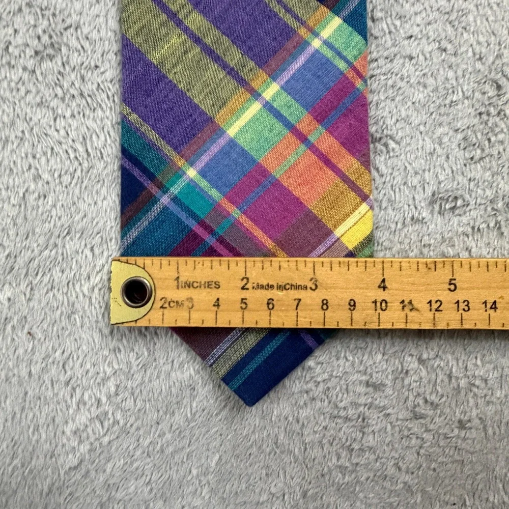 Rooster Mens Vintage Plaid Cotton Necktie Purple Blue Yellow Made in USA